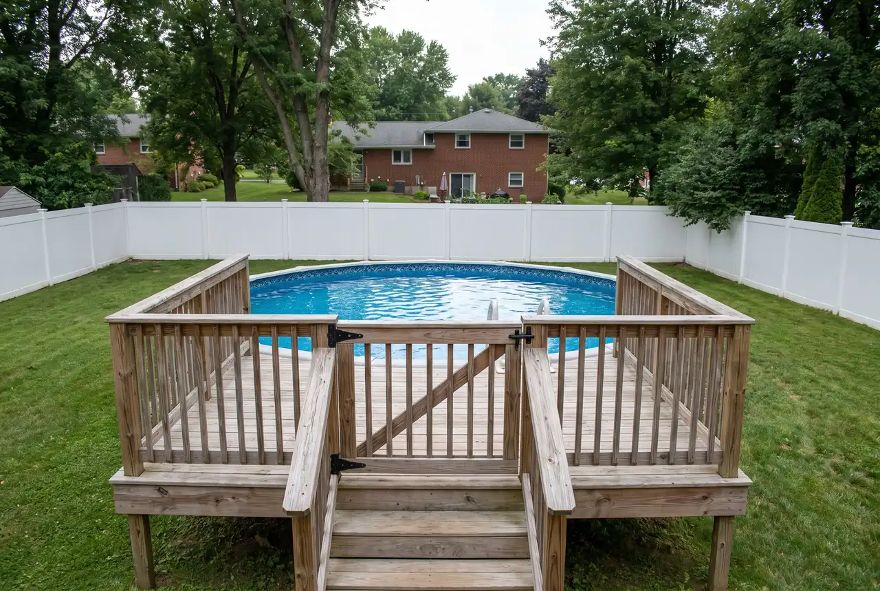 Above-ground pool with a deck and a gate at the top of the stairs