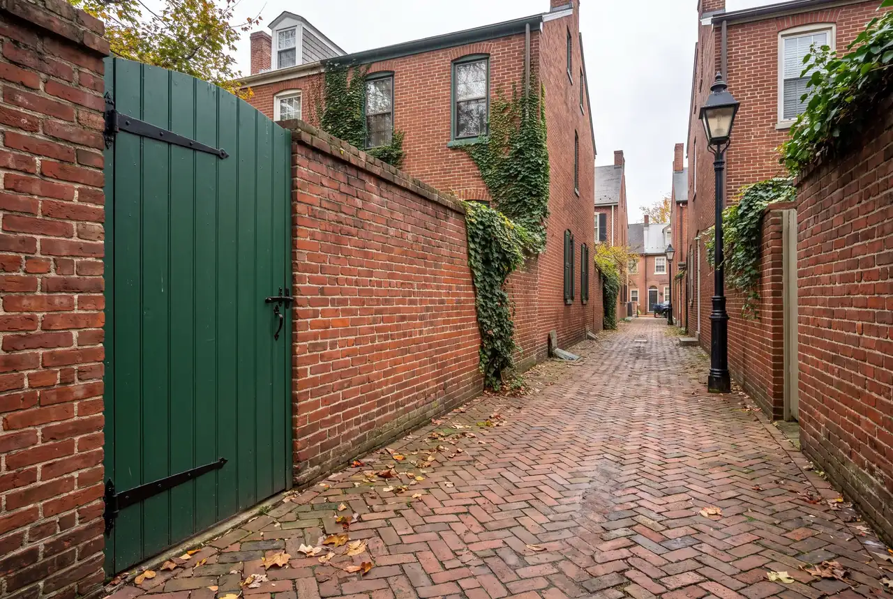 Wood gate opening onto a narrow brick alley