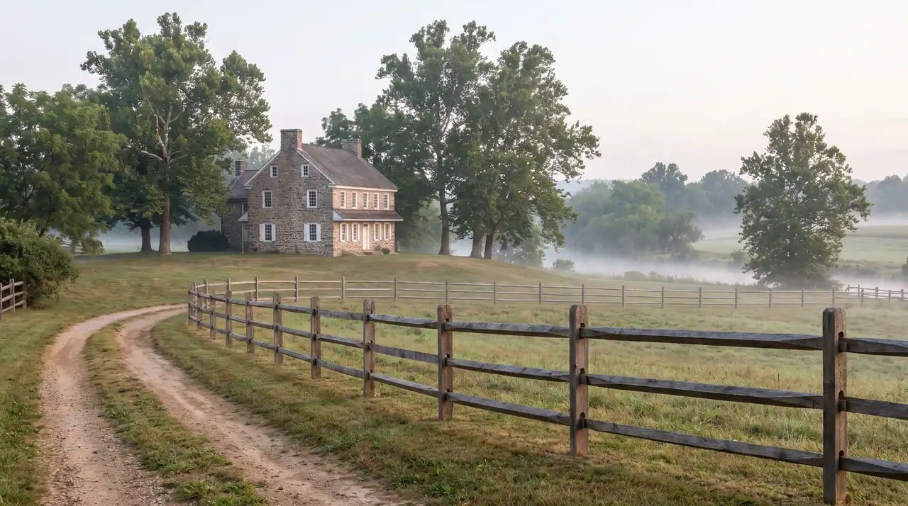 Eighteenth-century stone farmhouse with a split rail fence in front