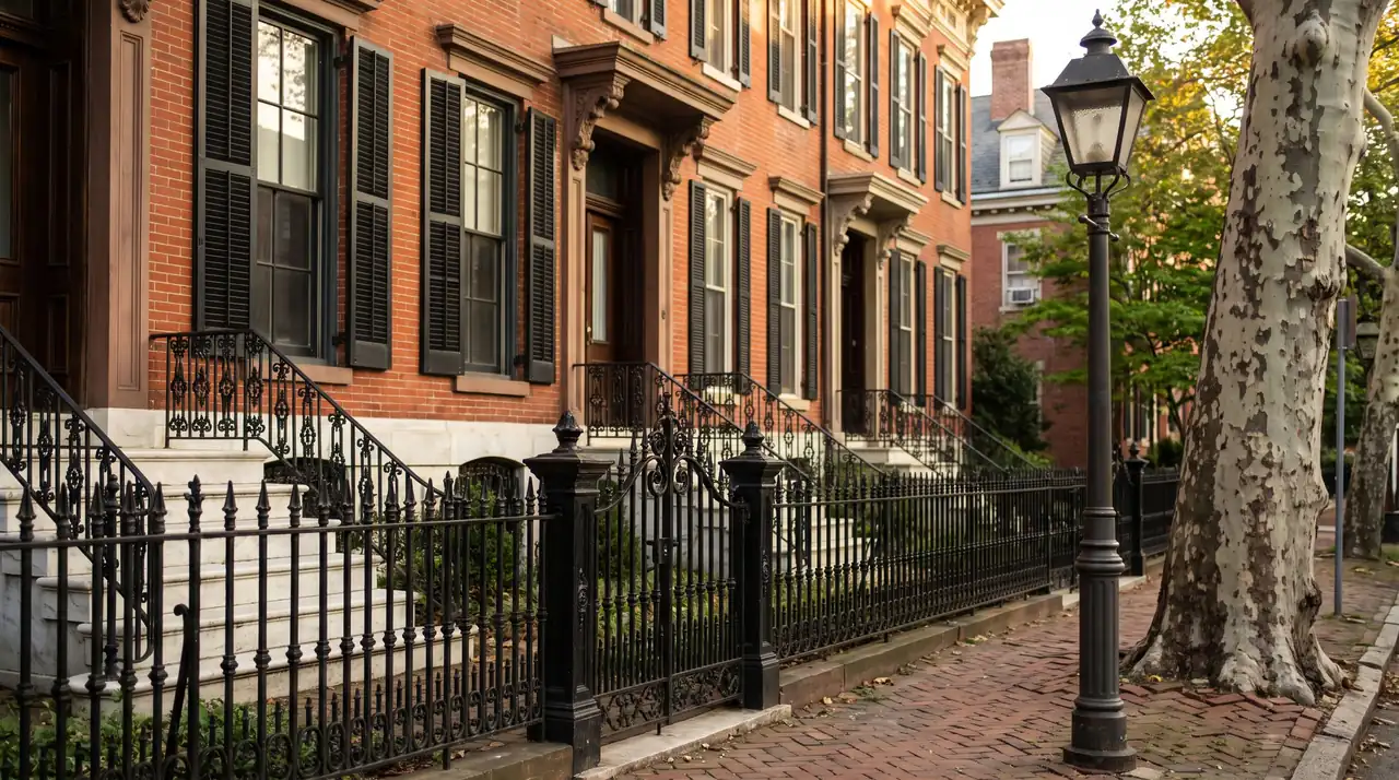 Black aluminum fence along brick townhouses and a brick sidewalk in West Chester, PA