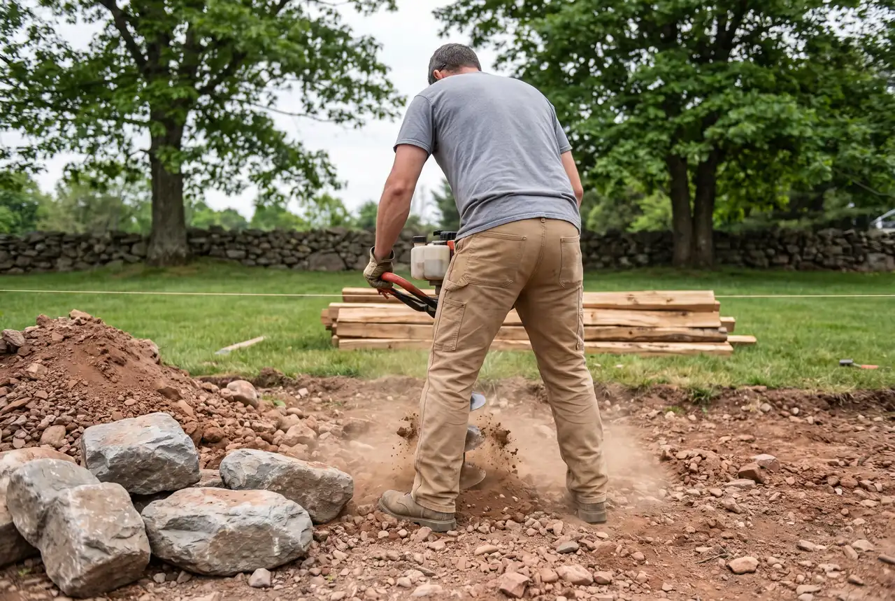 Fence crew using a power auger to dig a post hole in rocky soil