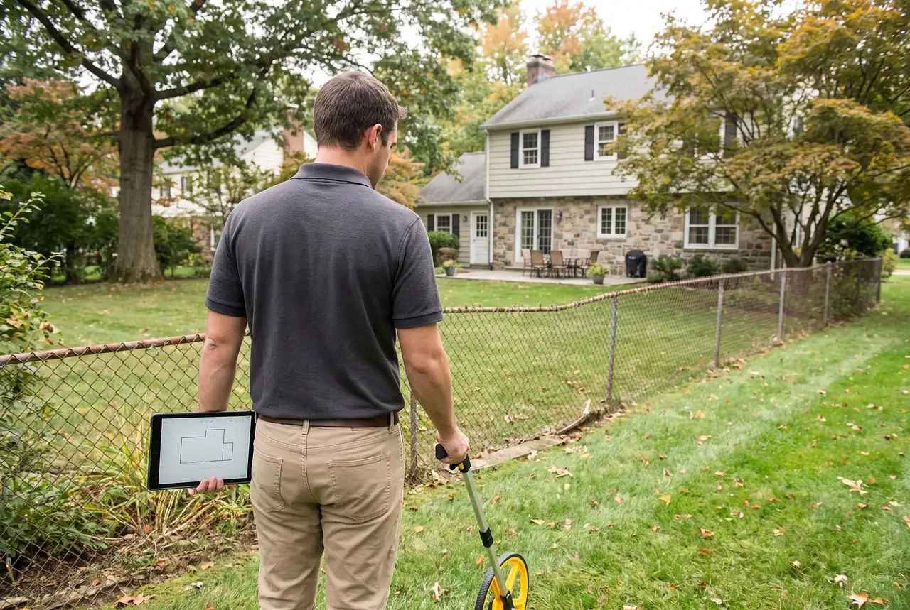 Fence consultant holding a tablet and measuring a backyard, seen from behind
