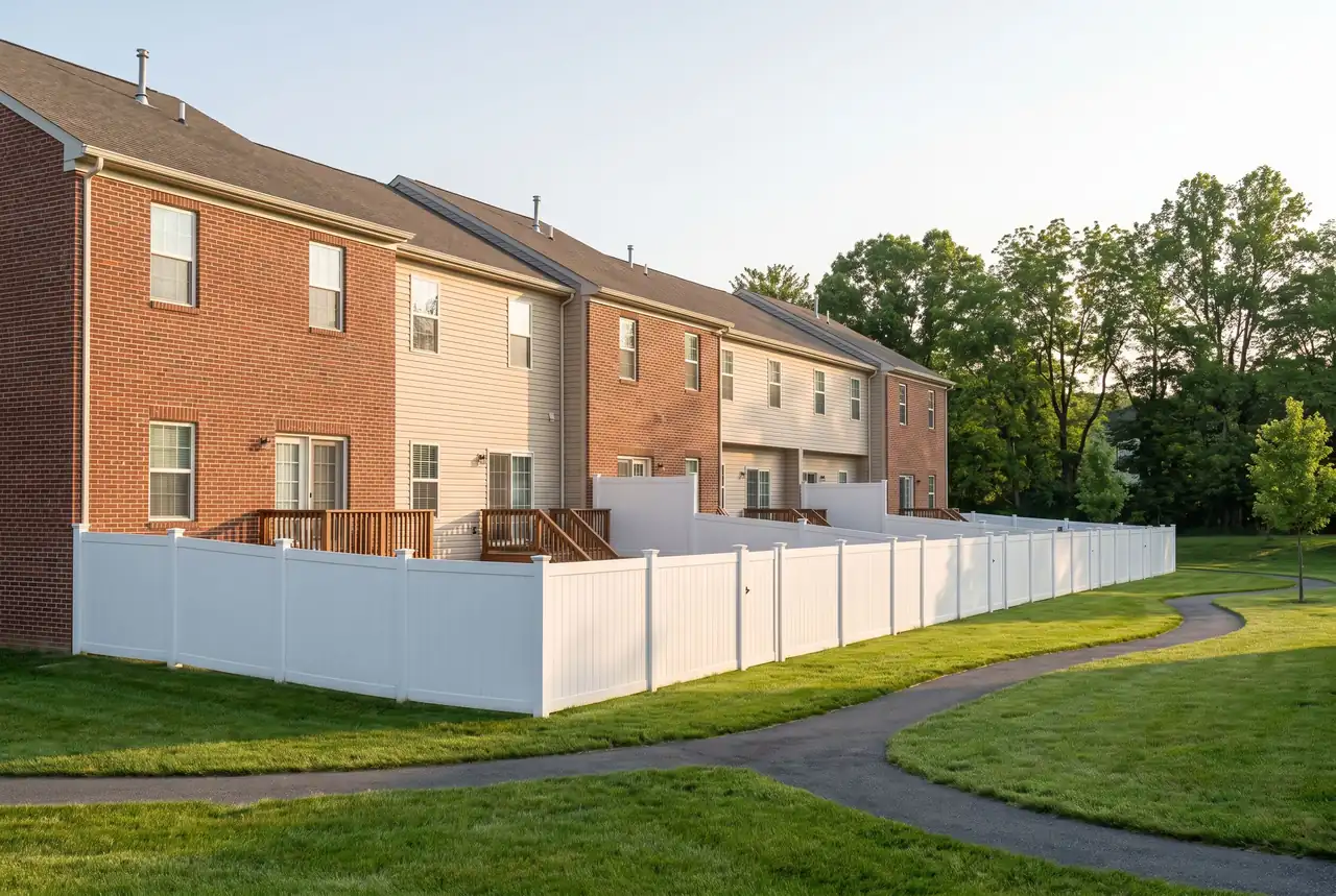 Townhome community with matching white vinyl fences