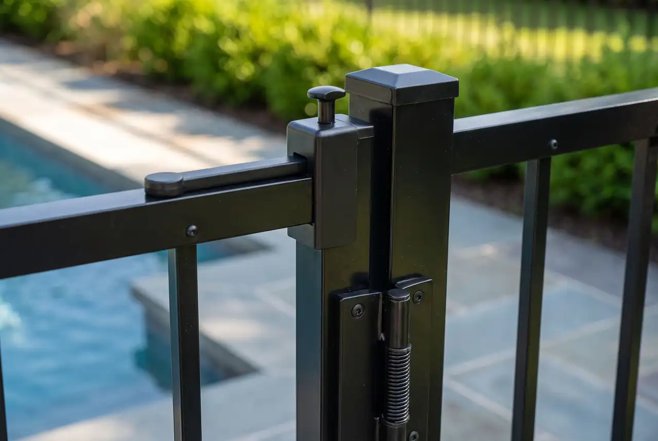 Self-closing magnetic latch on a black pool gate