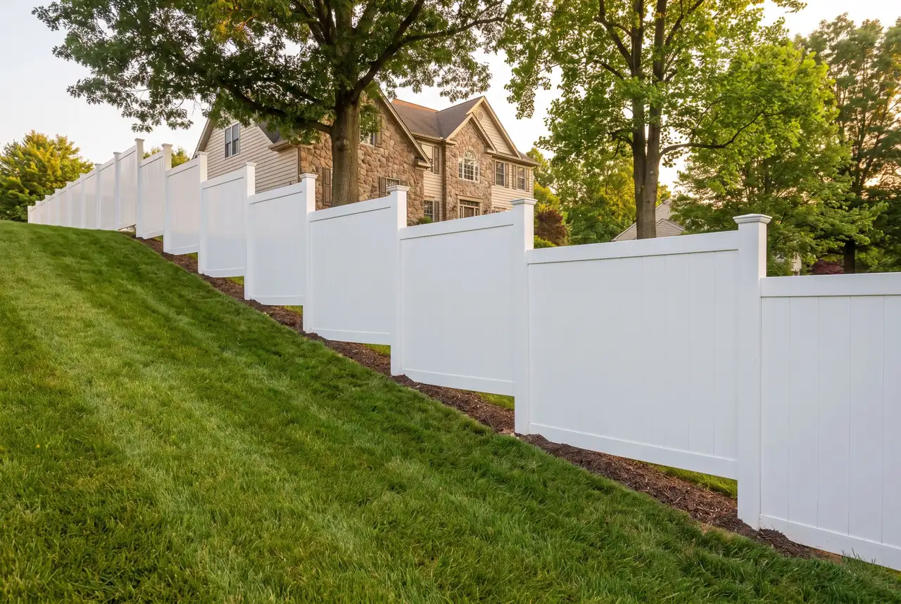 Stepped fence panels following a hillside