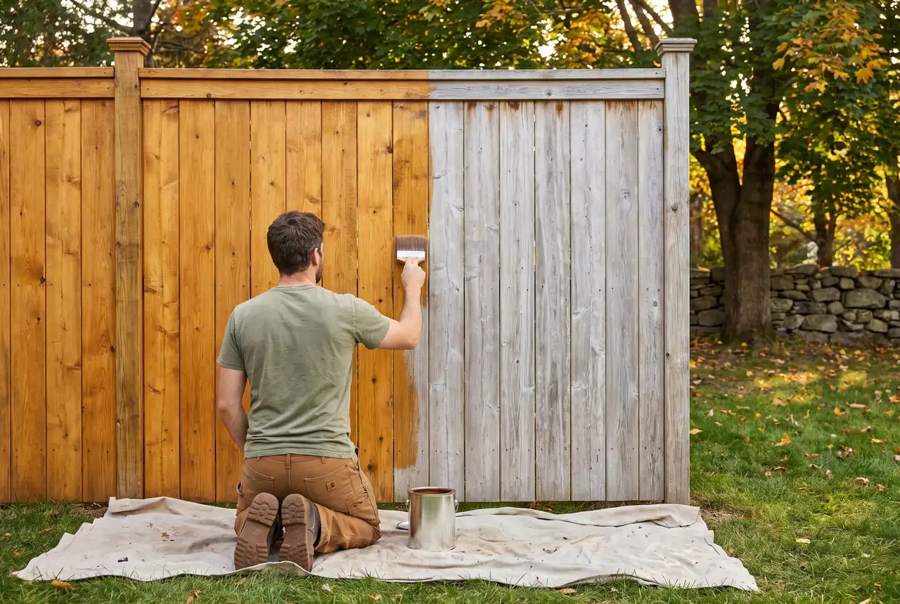 Worker applying stain to a cedar fence with a brush