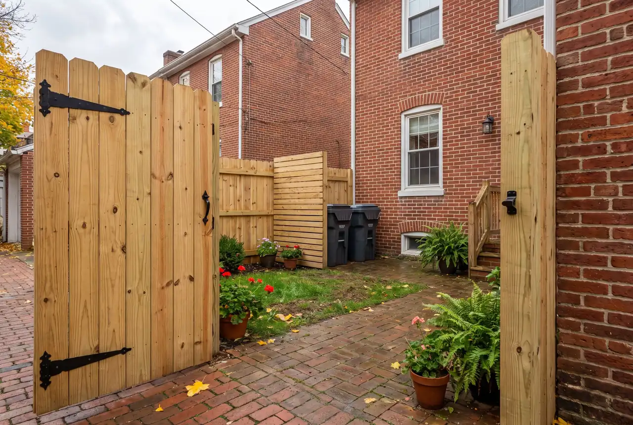 Wood privacy fence and alley gate behind a brick twin home