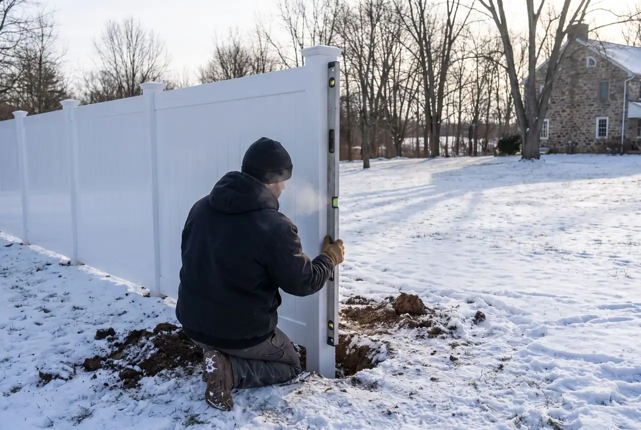 Fence crew installing posts in a snow-covered backyard